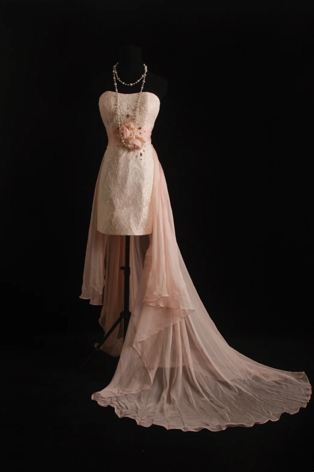 girlhomeshops-Light Pink Lace and Chiffon Sleeveless High-Low Train Evening Gown gh6306