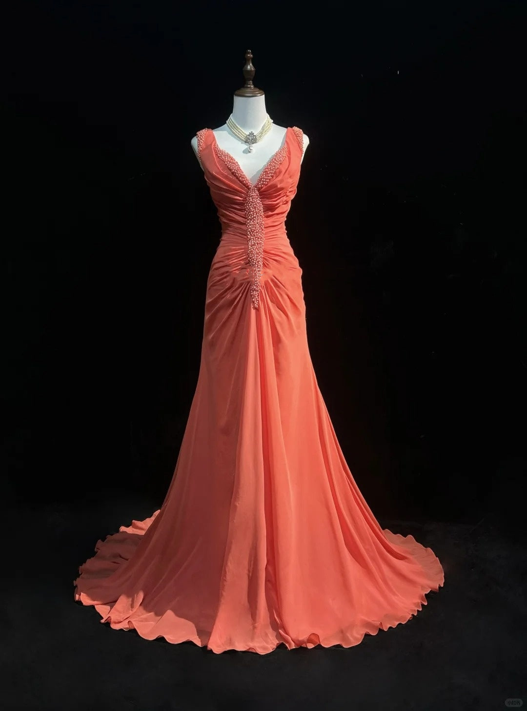Orange Gorgeous Retro Fashion V-Neck Elegant Exquisite Pearl Beads Long Tulle Chiffon Floor-Length Trailing Ball Gown Evening Dress Prom Dress gh3872
