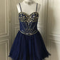 💙Dark blue shiny retro princess short homecoming dress beaded tulle ball gown evening dress gh4393