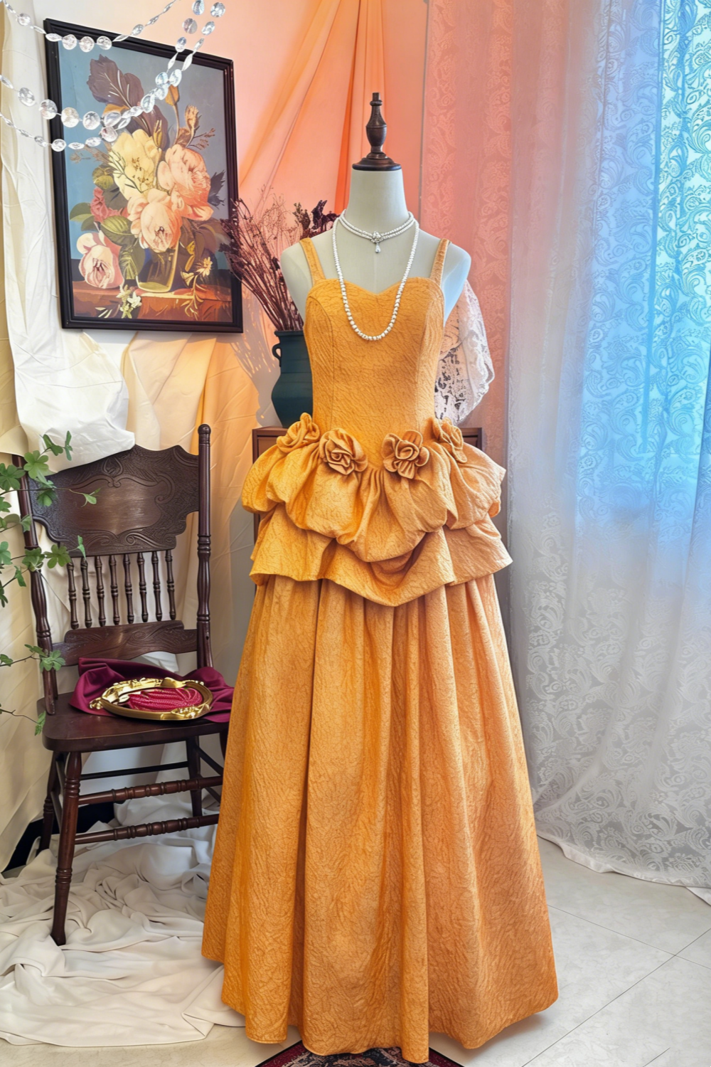 French Romantic Orange Dress: Thin Strap Heart Neckline, Flared Skirt ...