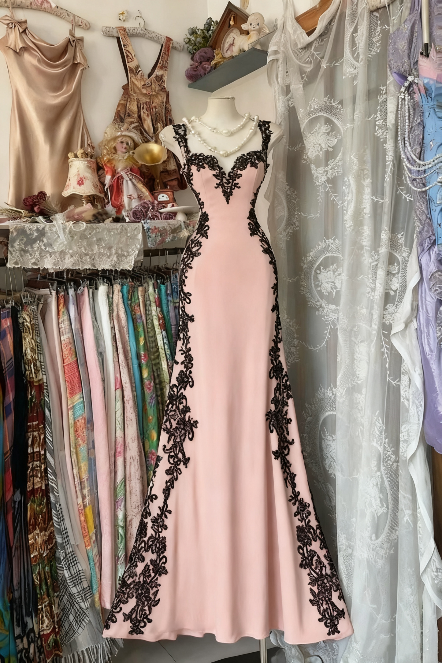 Girlhomeshops - Robe longue fantaisie d'anniversaire style rétro psychédélique en tulle noir et dentelle blanche à bretelles spaghetti gh5883