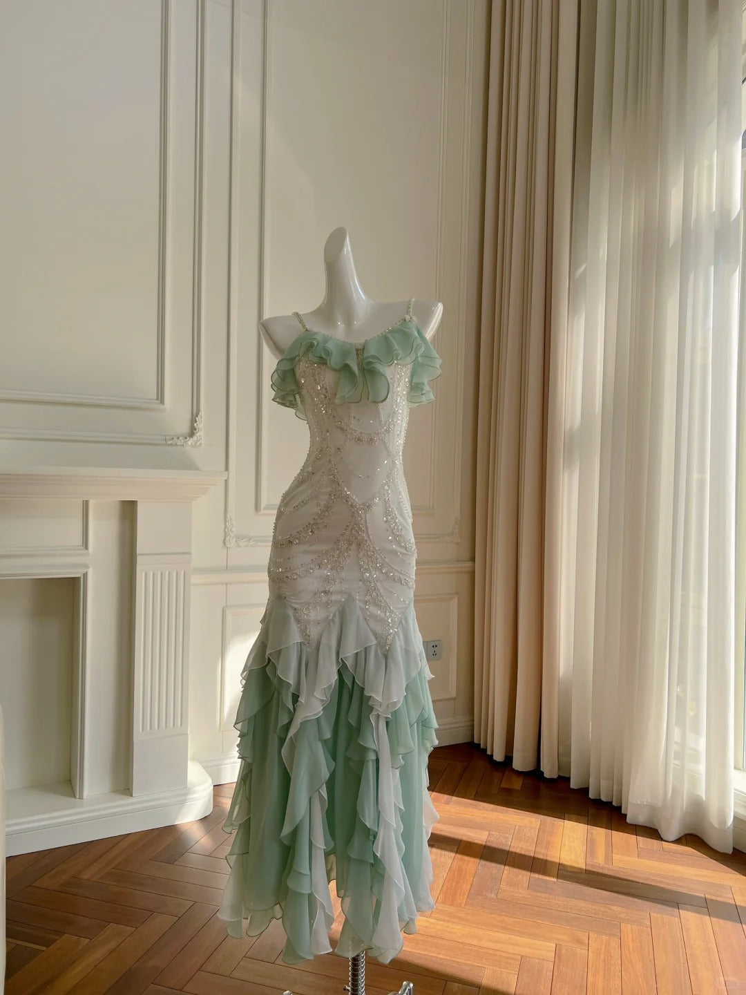 Robe de soirée longue en mousseline de soie vert menthe, ornée de perles, pour anniversaire, gh4407