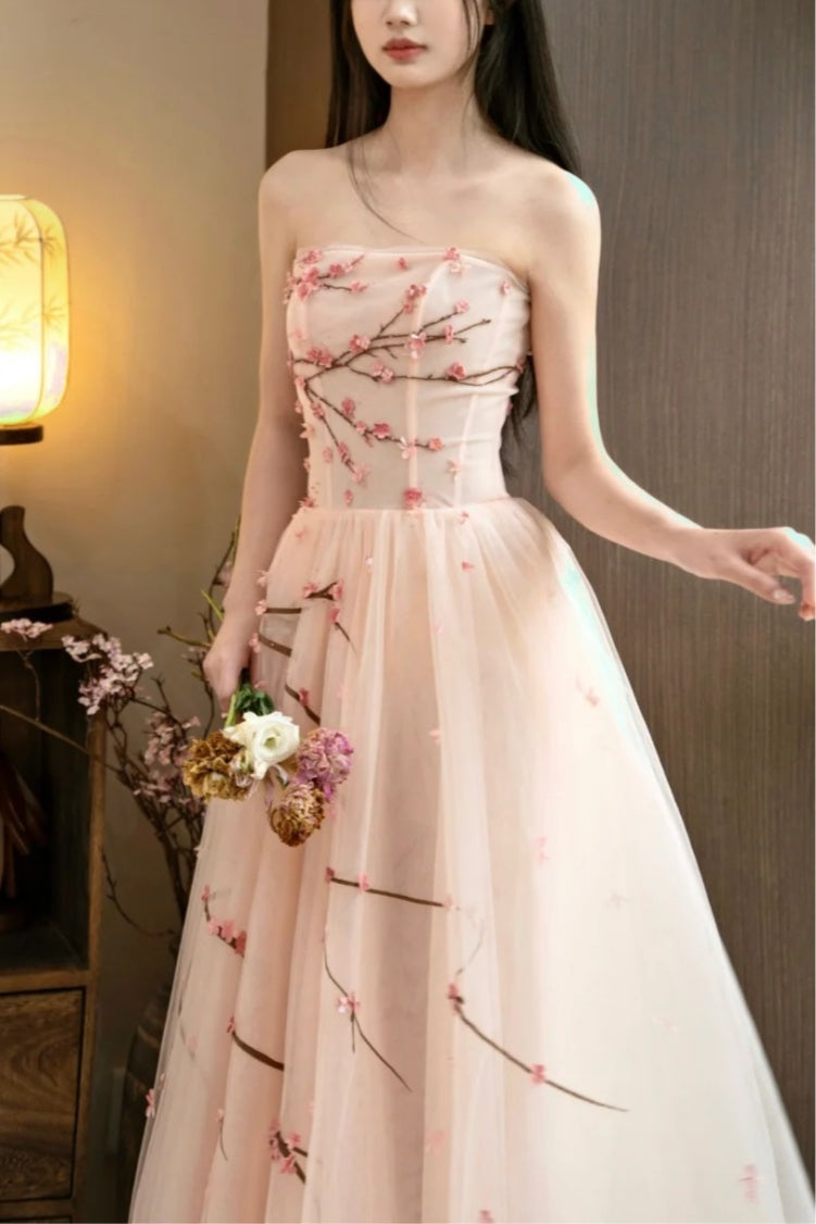 girlhomeshops- Vintage Peach Pink Plum Blossom 3D Embroidered Strapless Tulle Chinese Style Evening Gown gh6034