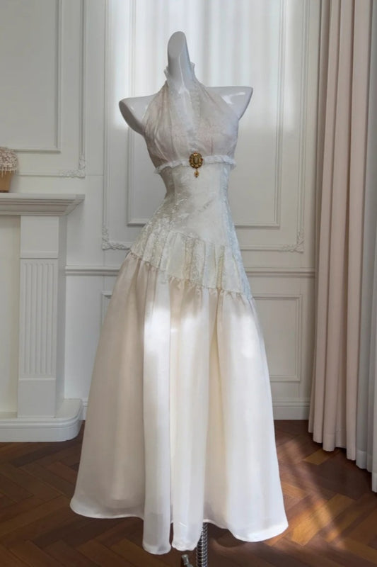 girlhomeshops-Vintage-Spitzen-Jacquard-Neckholder-Abendkleid, langes ärmelloses elegantes Partykleid gh5902