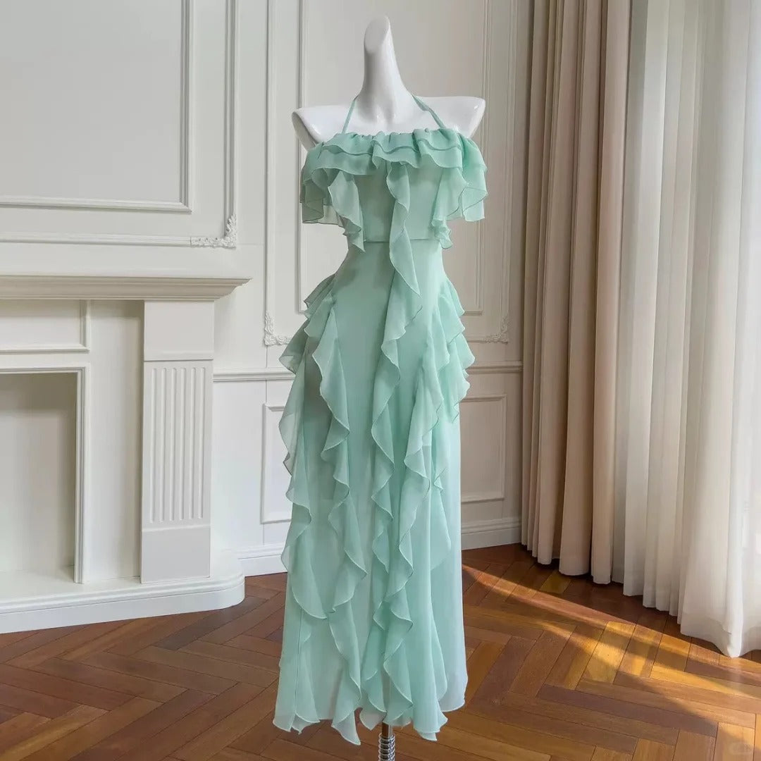 girlhomeshops – langes Chiffon-Ballkleid mit Blumenmuster in Mintgrün/Rosa, GH5580