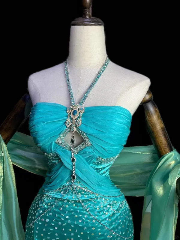 Robe de soirée longue en satin bleu, magnifique et exquise, avec perles, gh4498