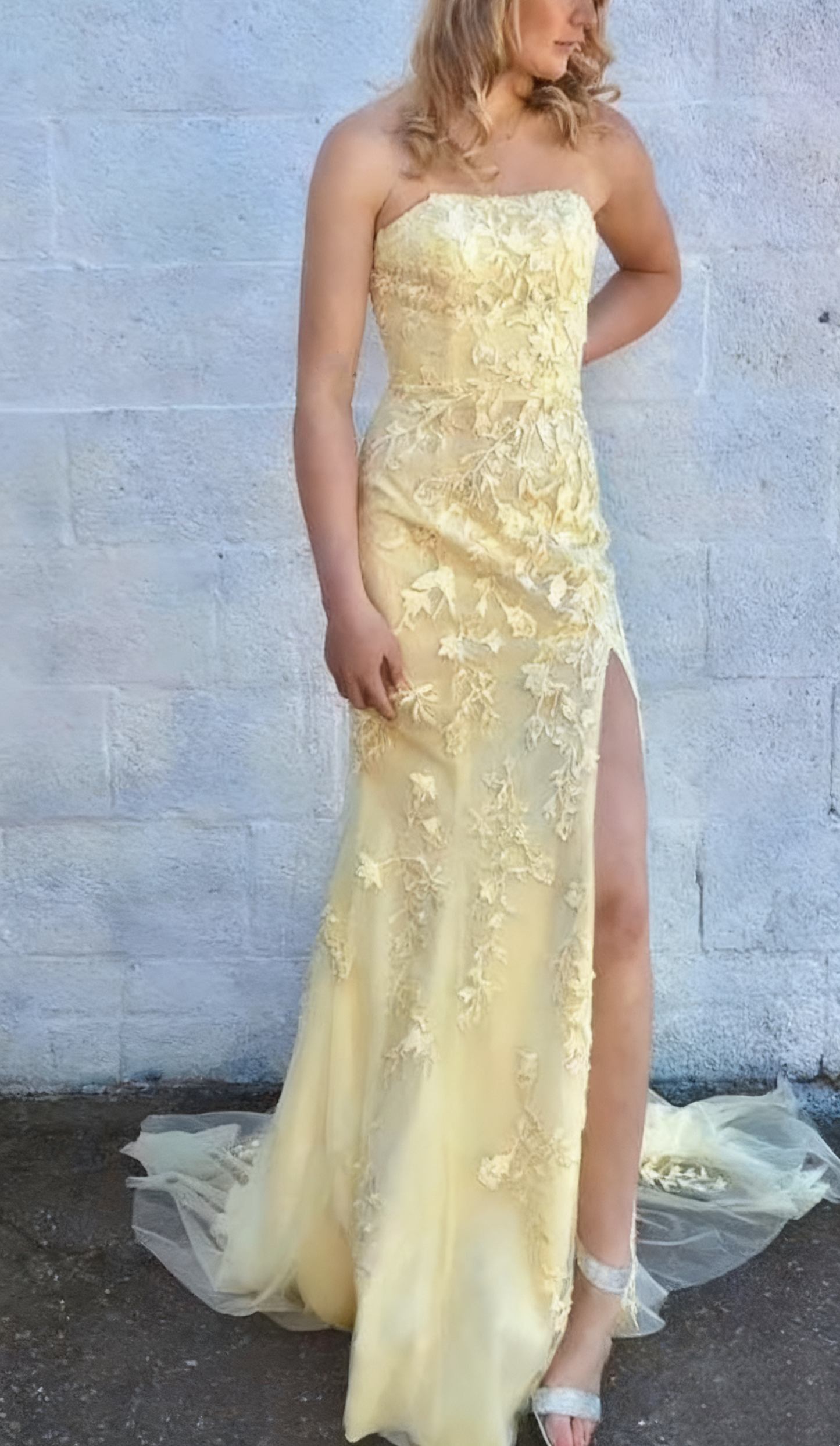 girlhomeshops-Gelbes, geblümtes, langes, geschlitztes, bodenlanges Tüll-Ballkleid, Ballkleid gh5922