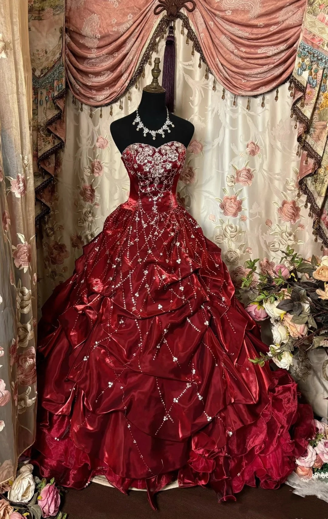 Robe de soirée longue en satin et tulle, magnifique robe de bal rouge perlée gh4826