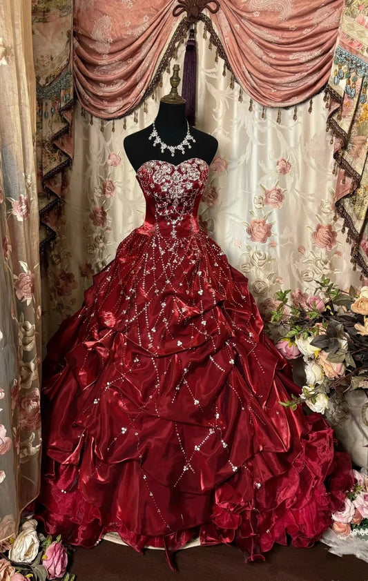 Robe de soirée longue en satin et tulle, magnifique robe de bal rouge perlée gh4826
