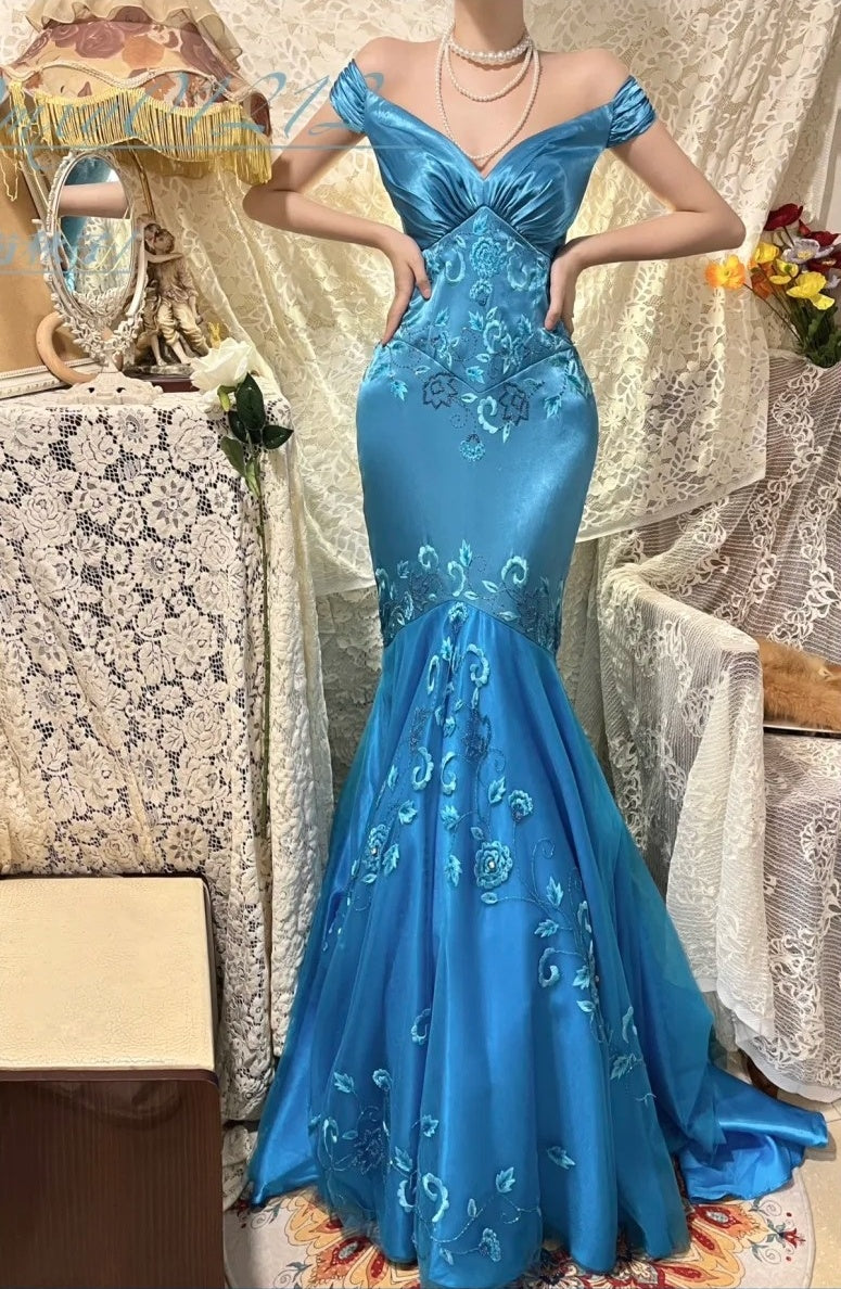 Robe de soirée longue en satin bleu à fleurs, élégante, robe de demoiselle d'honneur, gh4464