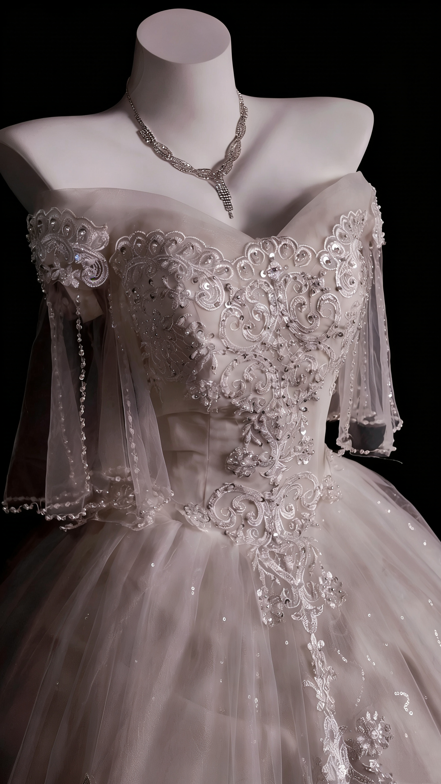 Luxury Court Style Satin & Tulle Floor-Length Ballgown Off-Shoulder Beaded Embroidery Train Wedding Dress - Ceremony Gown for Wedding & Engagement Banquet gh6494