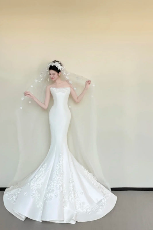 girlhomeshops-White Mermaid Slim Long Satin Wedding Dress with Exquisite Appliques gh5981