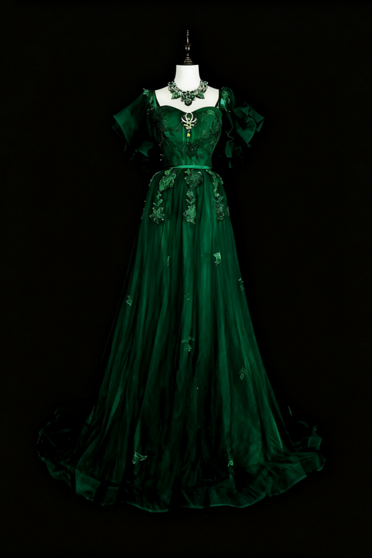 girlhomeshops-Green vintage-style delicate floral short-sleeved long tulle ball gown gh6133