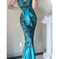 Blue Vintage Floral Elegant Long Satin Mermaid Slim Fit Ball Gown Evening Gown Party Dress gh4710