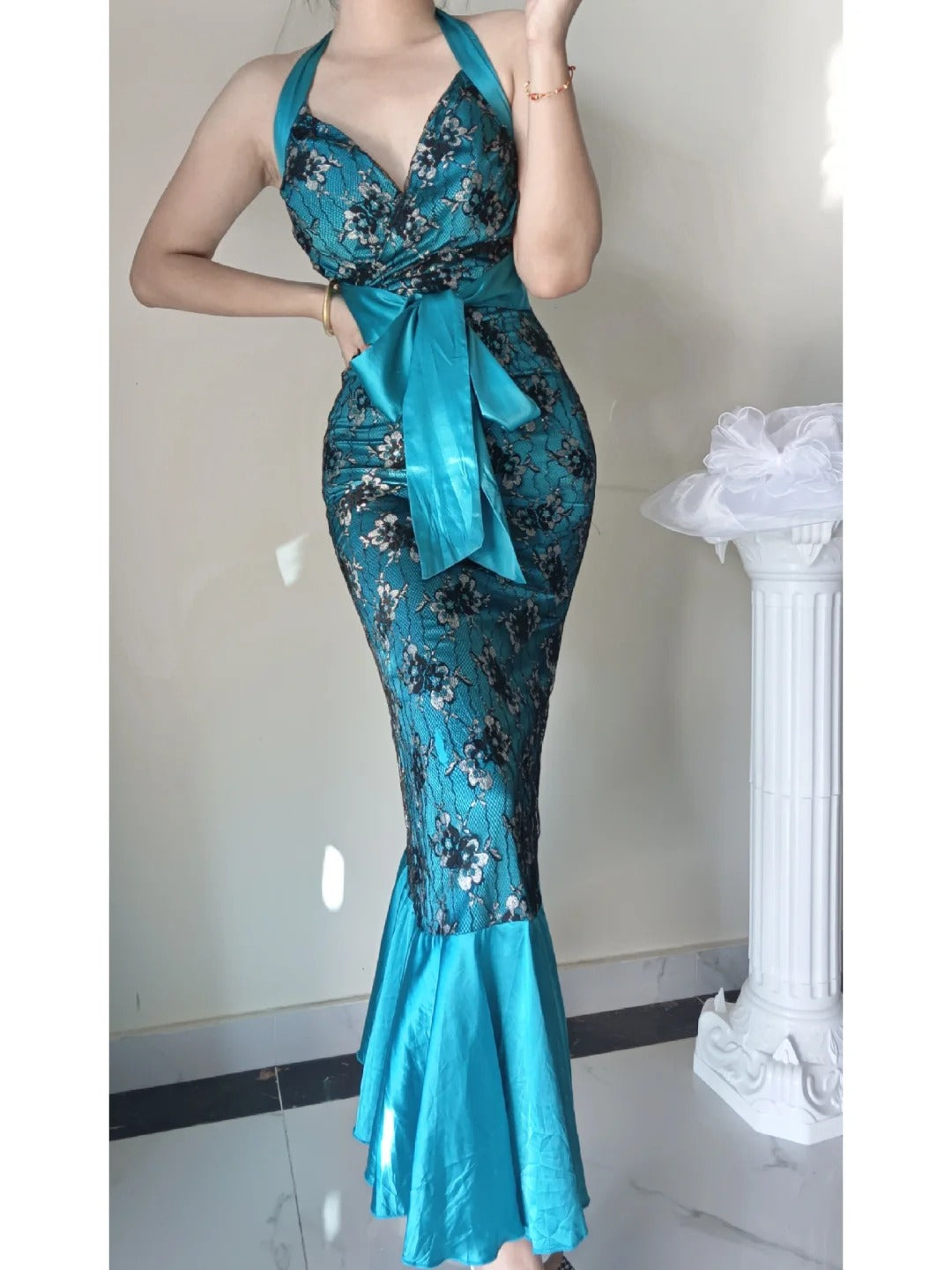 Blue Vintage Floral Elegant Long Satin Mermaid Slim Fit Ball Gown Evening Gown Party Dress gh4710