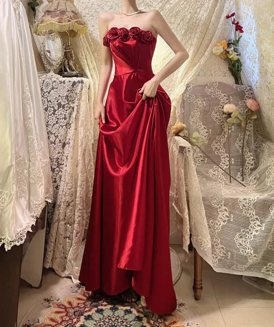 Red delicate floral long elegant satin ball gown evening dress gh4436