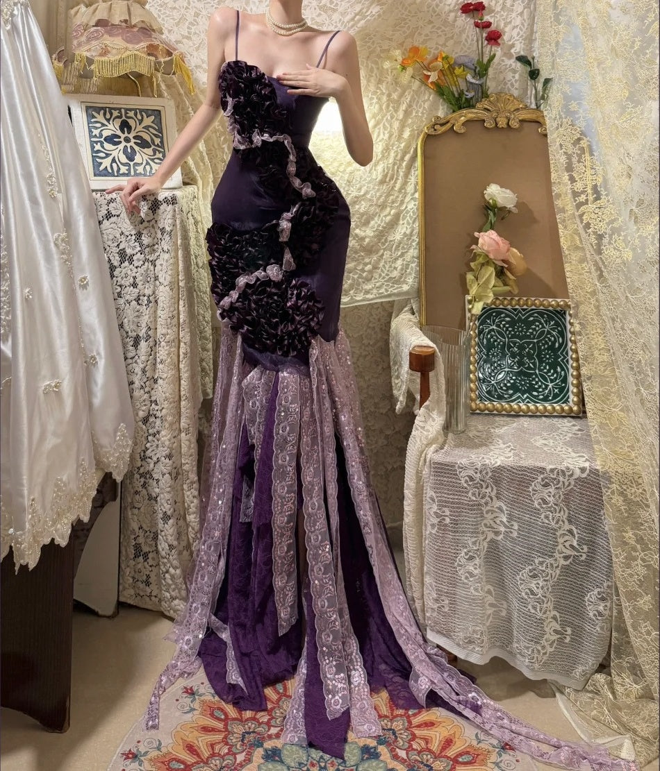 Purple Vintage Elegant Unique Long Floral Satin Prom Dress Evening Dress Graduation Dress gh4256