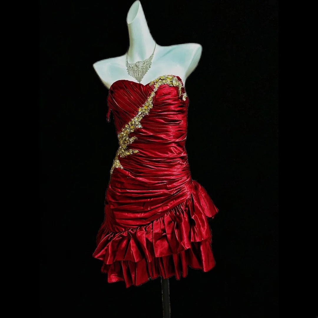 Red Beaded Short Satin Ruffle Homecoming Ball Gown gh4640