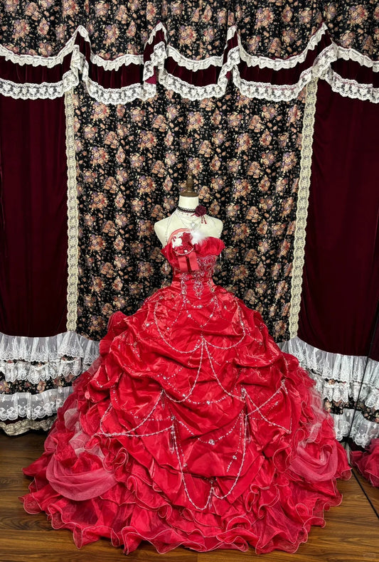 Robe de soirée longue en satin à fleurs rouges et perles gh4768