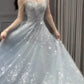 Light blue elegant gorgeous exquisite beaded long Tulle shining ball gown evening dress wedding dress gh4353