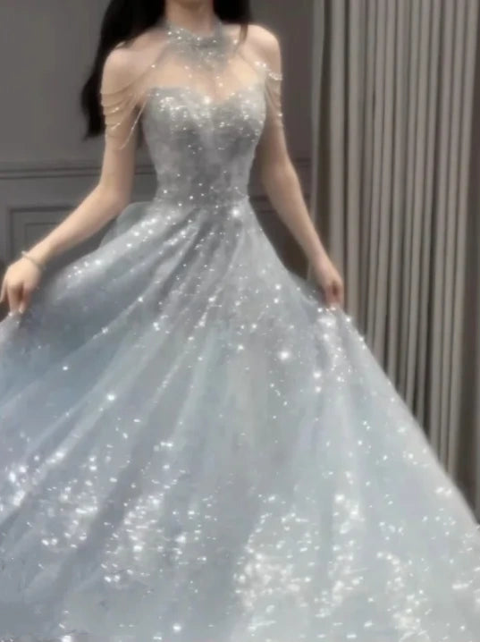 Light blue elegant gorgeous exquisite beaded long Tulle shining ball gown evening dress wedding dress gh4353