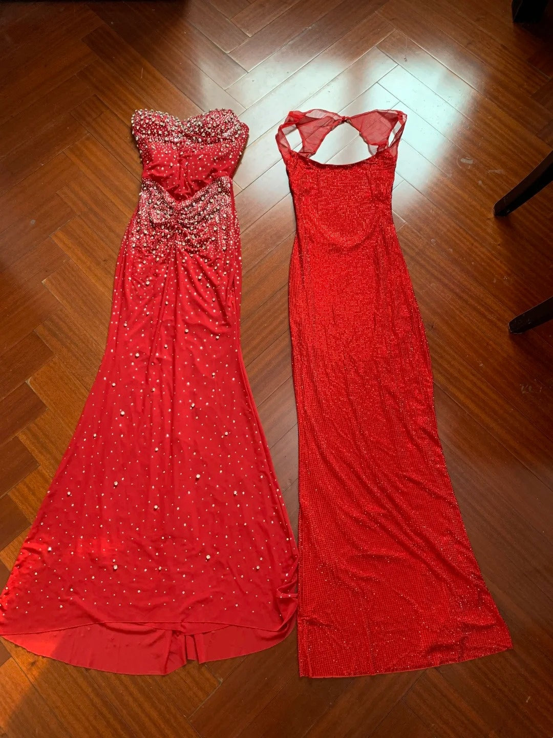 Red long shiny pearl formal dress gh6642