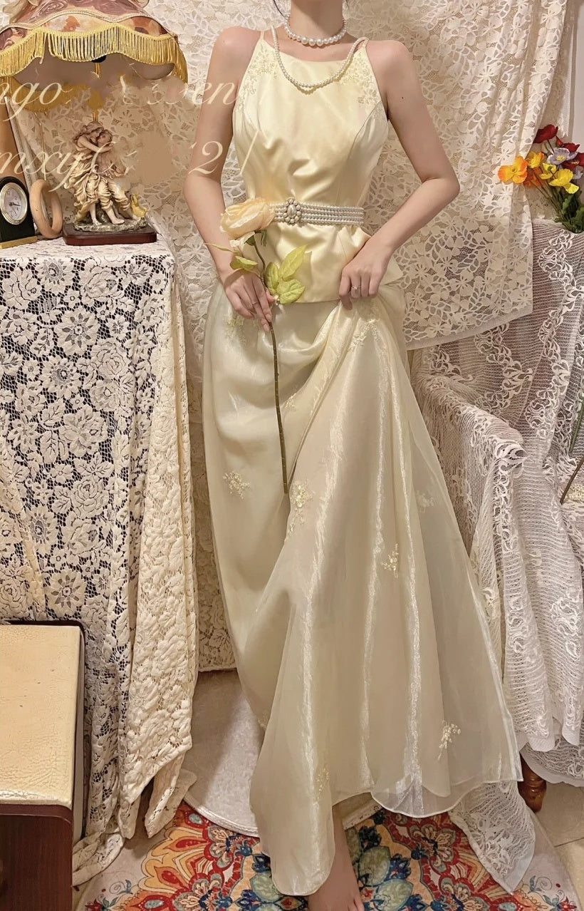 Gelbes florales langes Chiffon-Partykleid aus Chiffon, Abendkleid, Abschlusskleid, zweiteiliges Set gh4506