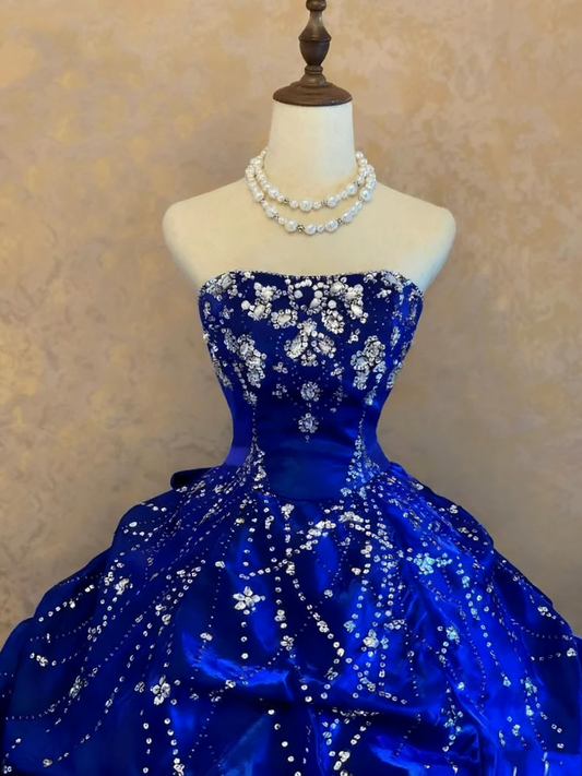 girlhomeshops-Royal Blue Gradient Satin Strapless Rhinestone-Embellished Floor-Length Court-Style Gown gh6367