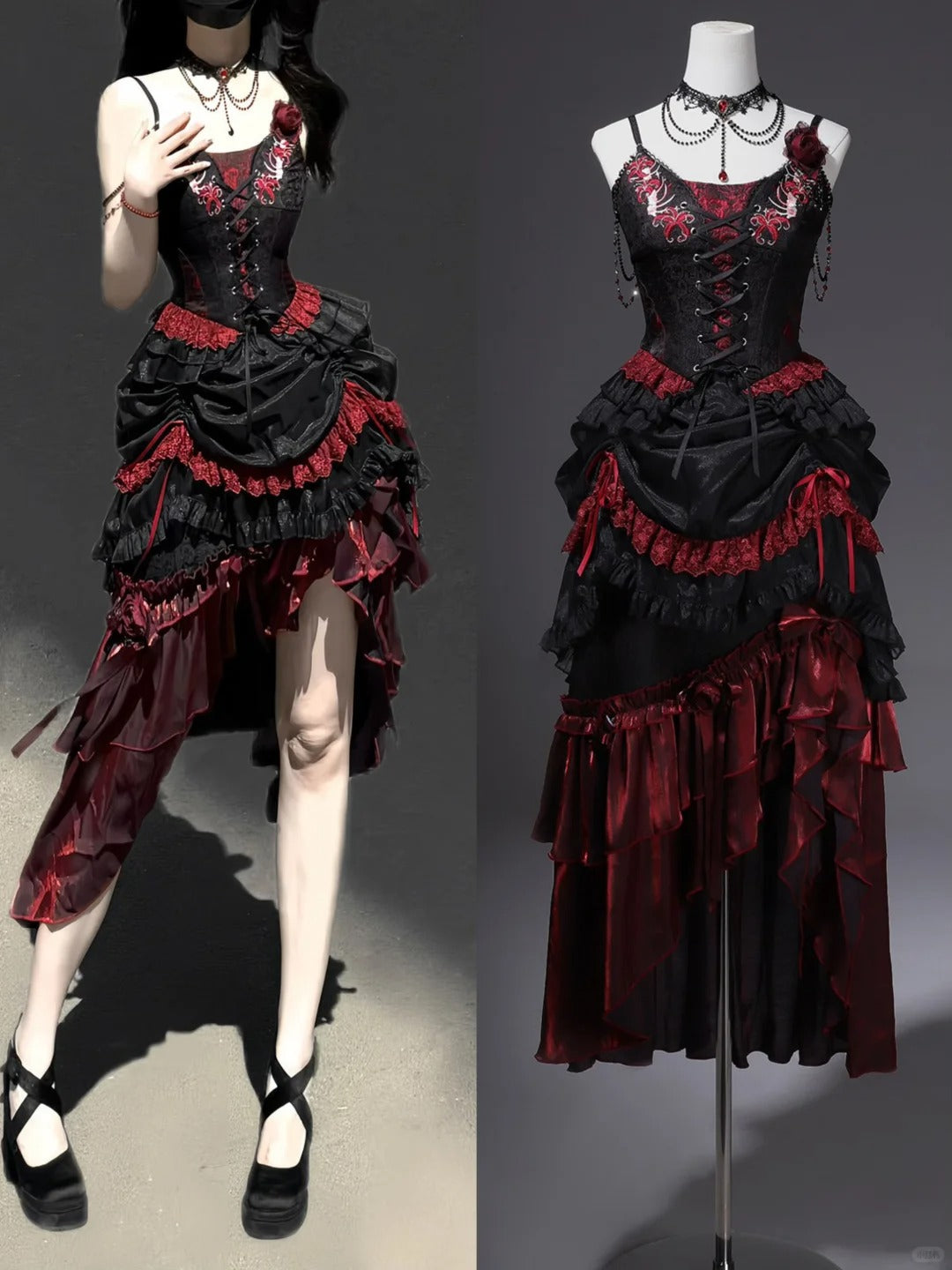 Girlhomeshops-Schwarz rot elegante lange Korsett Tüll Ballkleid Abendkleid gh5345