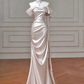 High-End Texture Style Champagne Gold Satin Off-Shoulder Ruched Train Gown - Elegant Dress for Dinner & Red Carpet gh6546