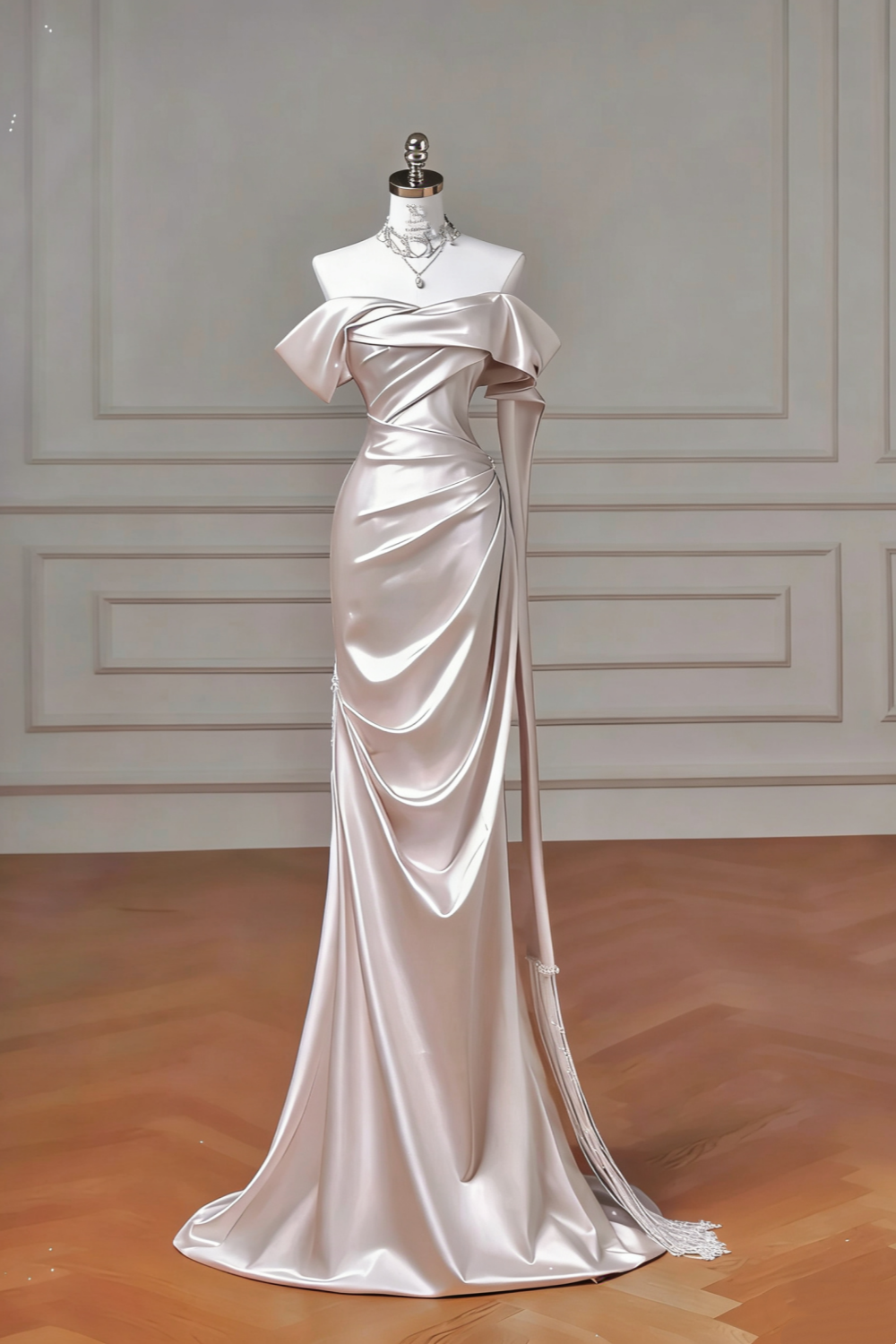 High-End Texture Style Champagne Gold Satin Off-Shoulder Ruched Train Gown - Elegant Dress for Dinner & Red Carpet gh6546
