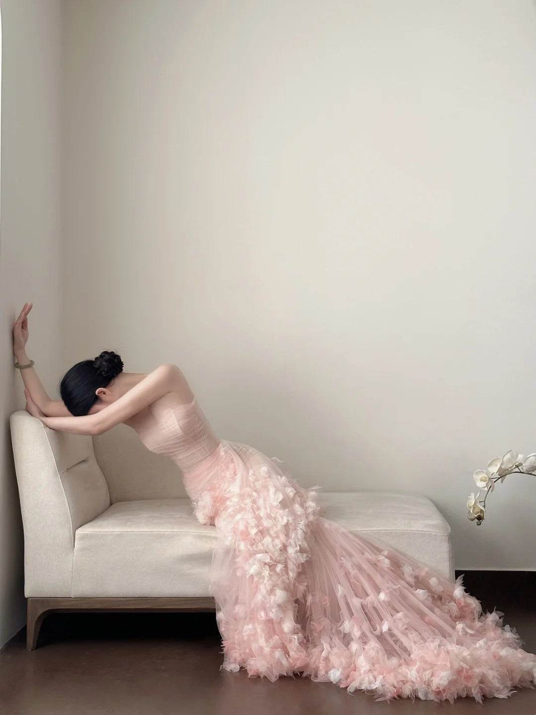 Pink Delicate Floral Long Chiffon Evening Gown Fairy Gown gh6759