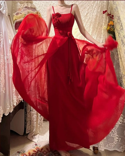 Red floral long satin tulle ball gown birthday party dress evening dress gh4414