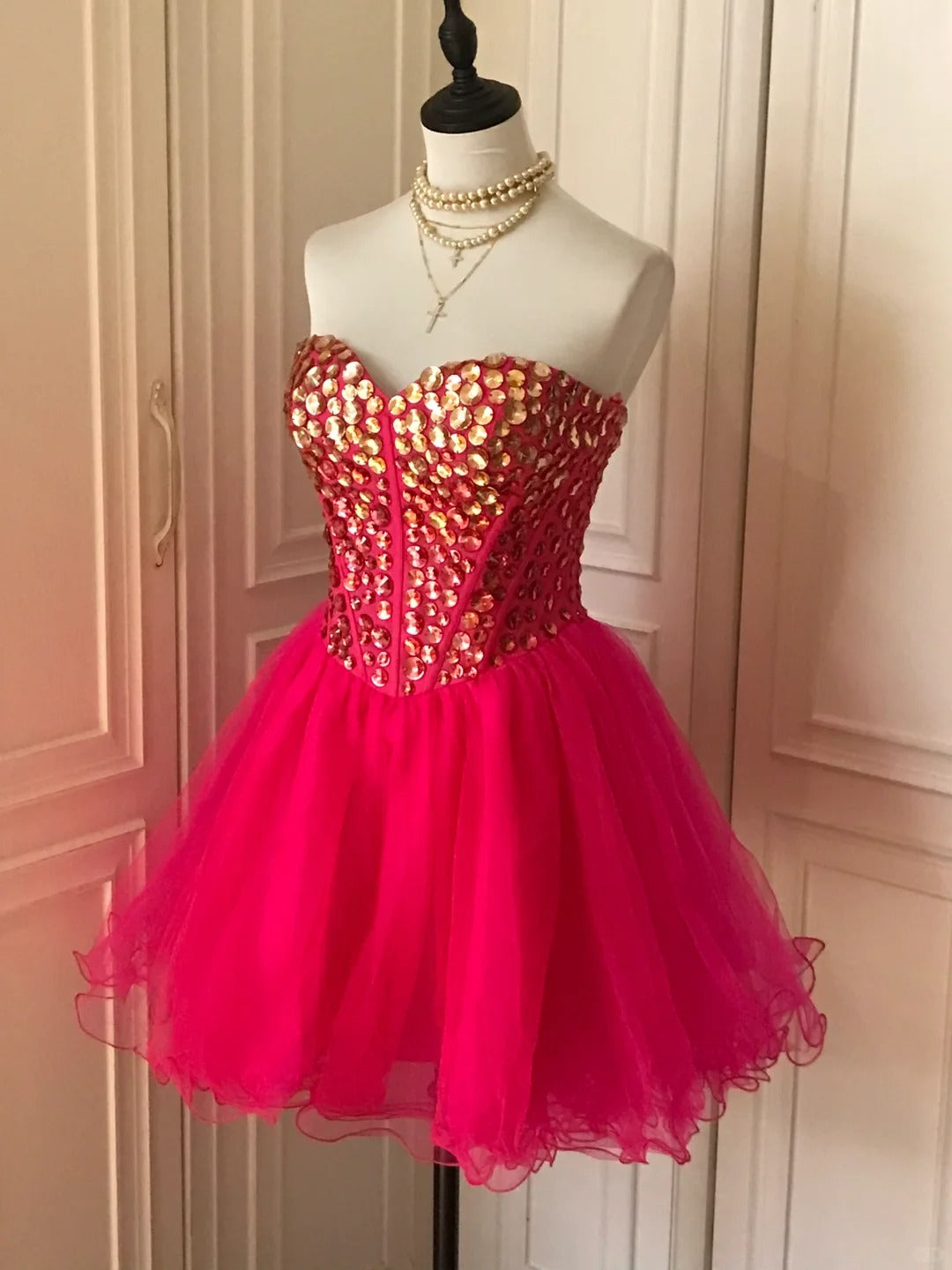 ❤️Pink retro noble princess short homecoming dress sequined tulle ball dress evening dress gh4392