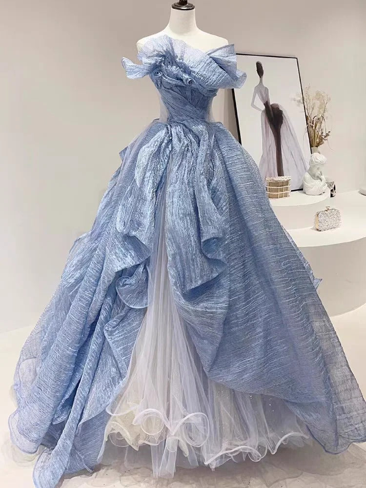 Robe de bal longue en tulle bleu élégant et élégant, longueur au sol, robe de soirée, robe de remise de diplôme, robe de cérémonie pour adulte gh3840