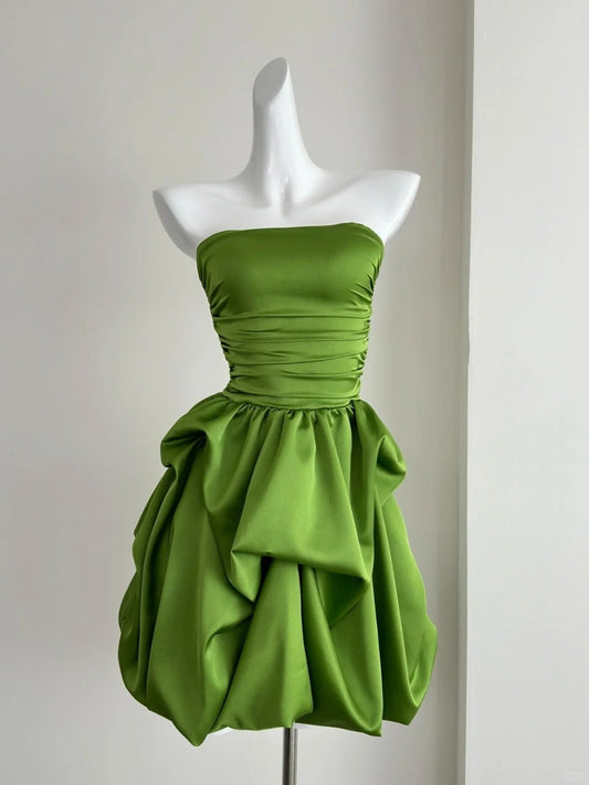 Green cute sweet tube top short satin homecoming dress birthday party dress holiday small dress gh3944