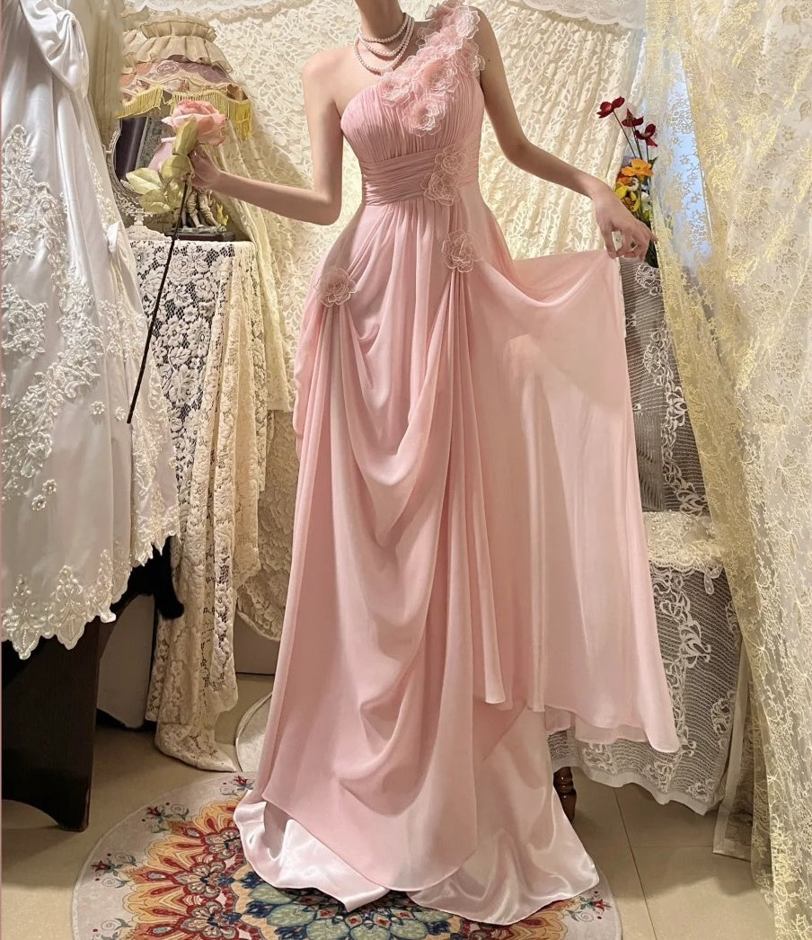 Pink Fashion One Shoulder Long Chiffon Ball Gown Evening Dress gh4430