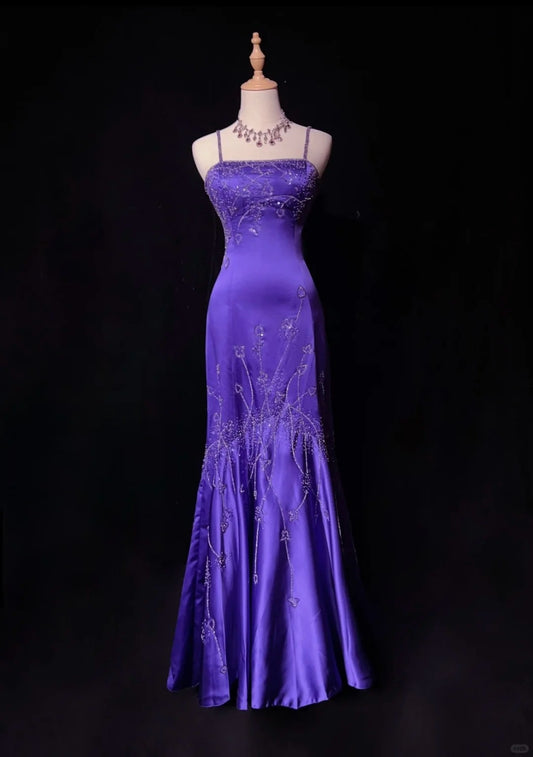 Purple Gorgeous Vintage God Shining Elegant Exquisite Rhinestone Beaded Satin Long Floor Length Slim Fairy Ball Gown Evening Dress Party Dress Prom Dress gh3853