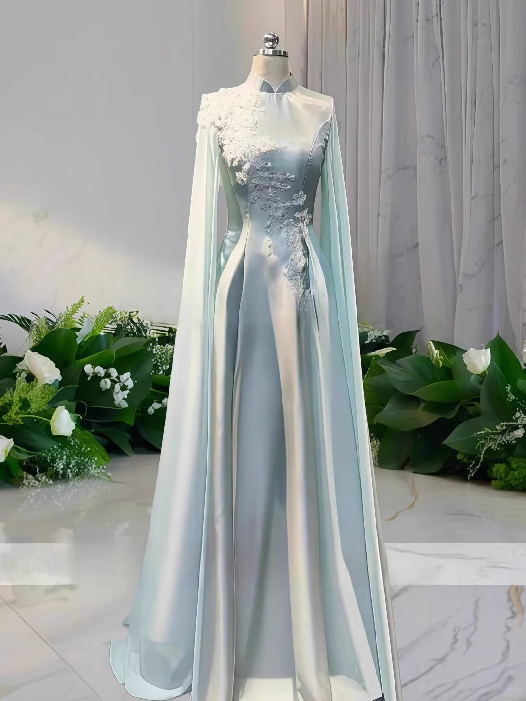 Girlhomeshops-Light green floral bead long satin ball gown Prom dress ceremonial dress long sleeved gh5309