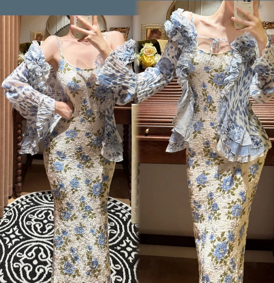 girlhomeshops-(Excluding jacket)Blue Floral Long Chiffon Prom Dress gh5977