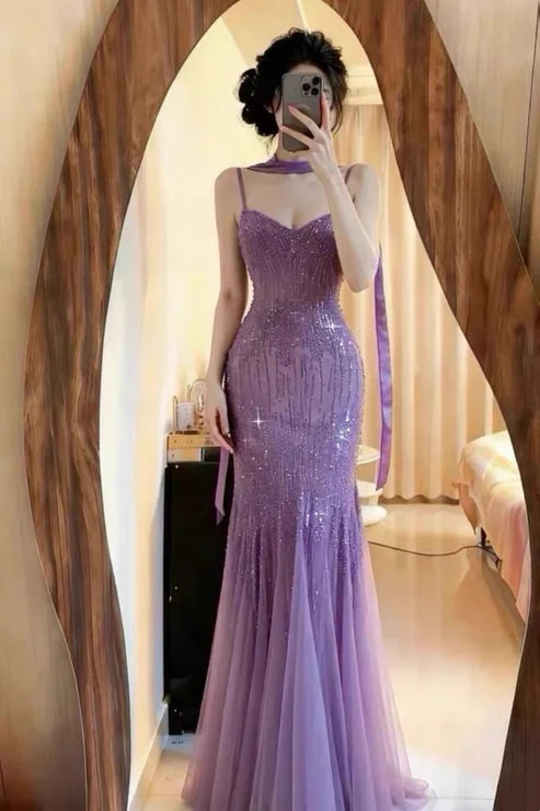 Pink Purple Gorgeous Shiny Elegant Exquisite Beaded Mermaid Slim Fit Long Chiffon Spaghetti Straps Tulle Sequins Formal Prom Dress Evening Dress Party Dress gh3654