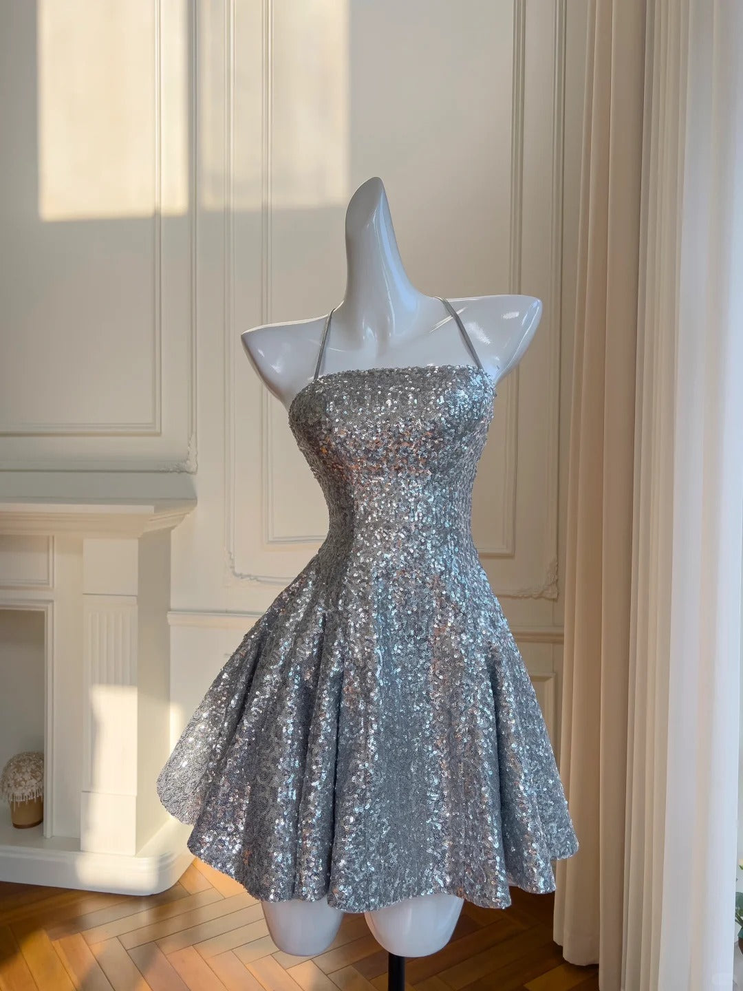 Silver shiny niche vintage dress short sequin homecoming dress birthday cocktail party dress gh4306