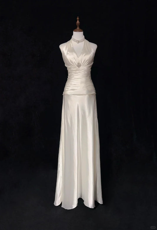 Robe de soirée élégante en satin blanc ivoire, style vintage, longue, robe de bal, robe de remise de diplôme, robe de mariée, gh4490