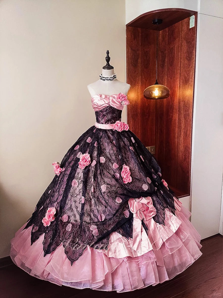 Girlhomeshops - Rosa Blumenspitze Tüll Bodenlanges Ballkleid gh5302