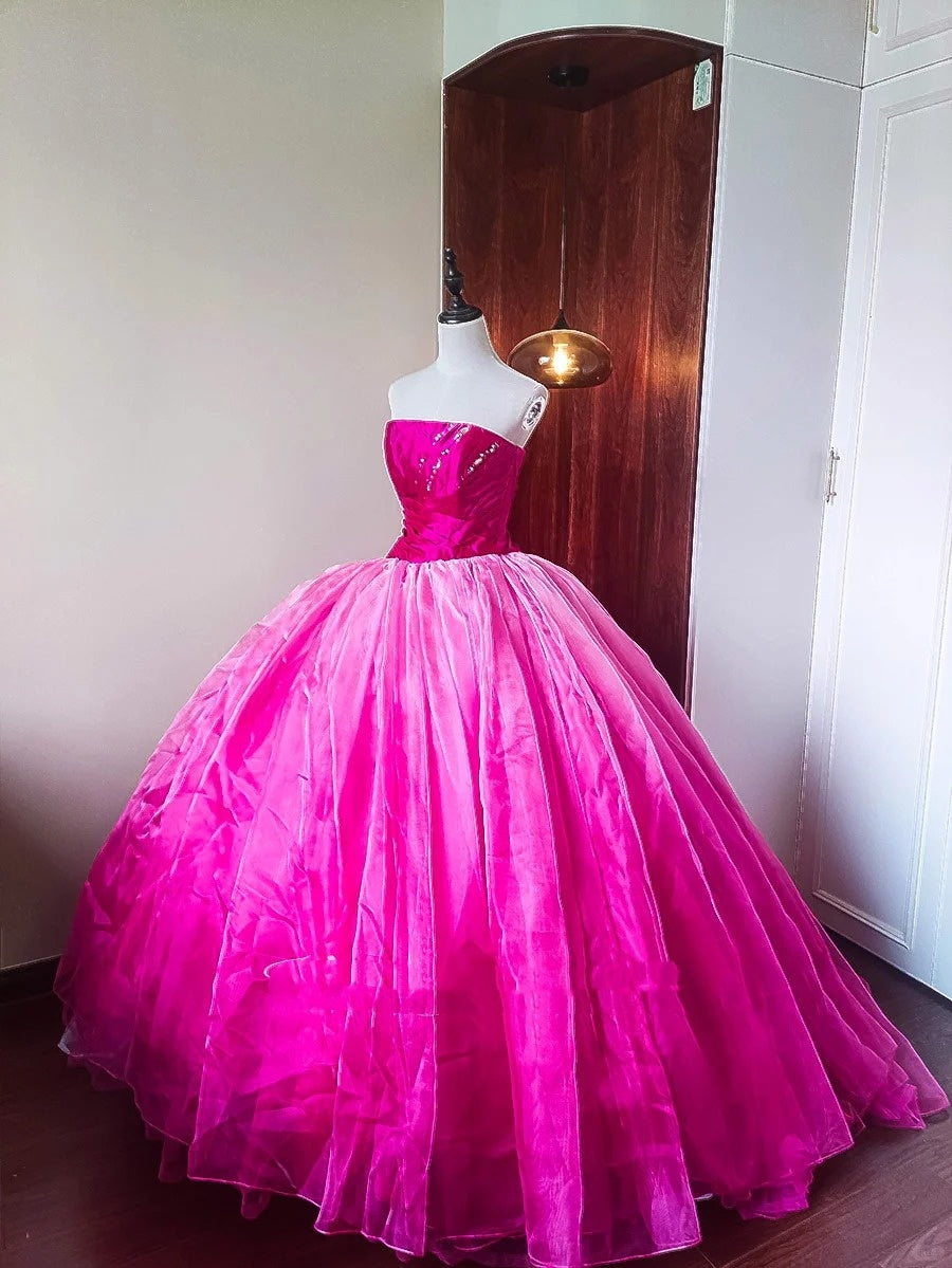 Girlhomeshops - Rosa, modisches, perlenbesetztes, langes, bodenlanges Tüll-Ballkleid, Ombre-Muster, gh5301