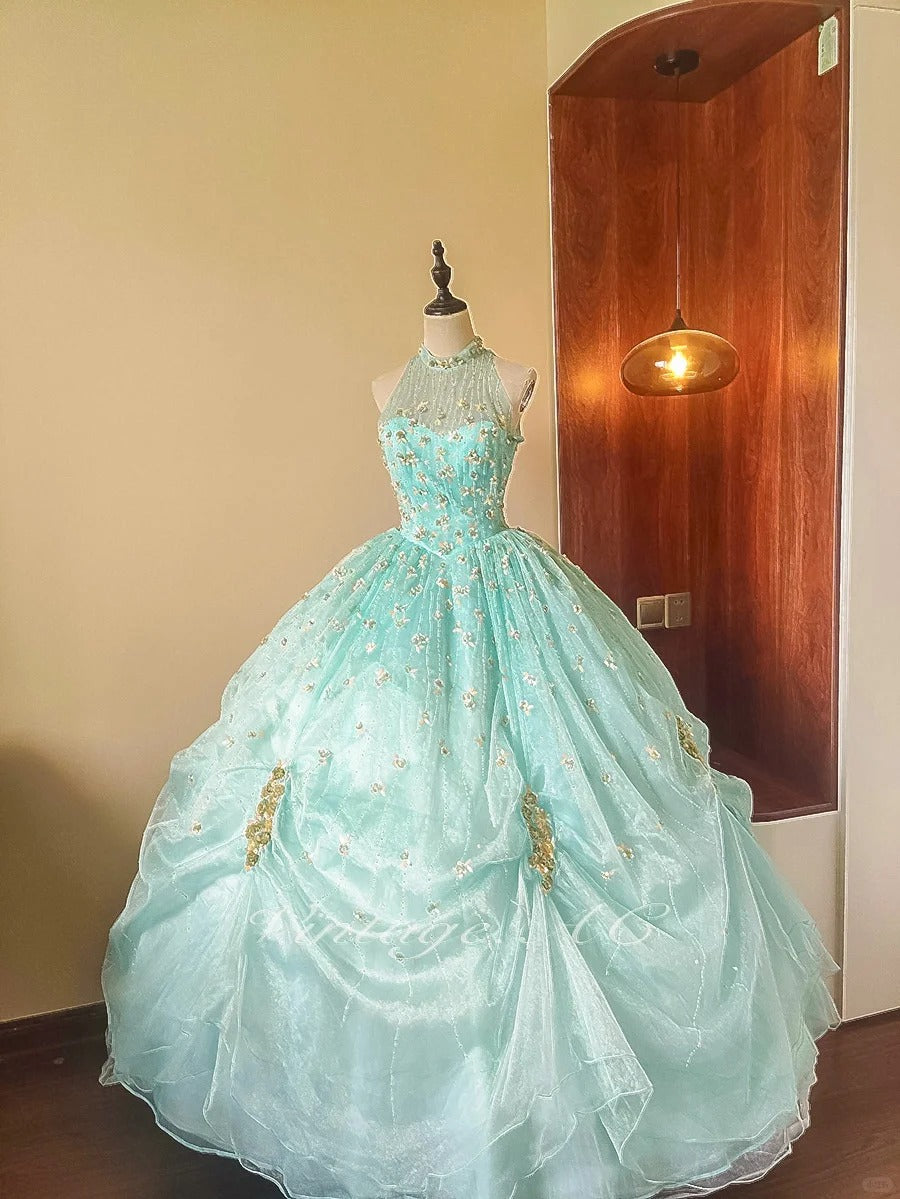 Girlhomeshops - Mintgrünes, glitzerndes, perlenbesetztes, florales, langes, bodenlanges Tüll-Ballkleid gh5300