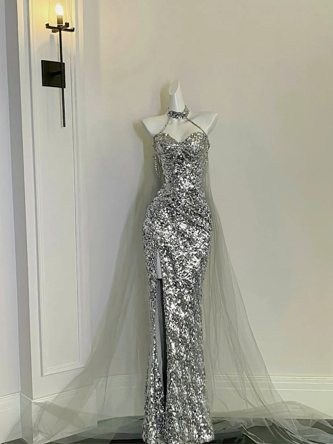 Silver halter neck dress high-end niche silver dress shoulder chain ball dress evening dress gh4330