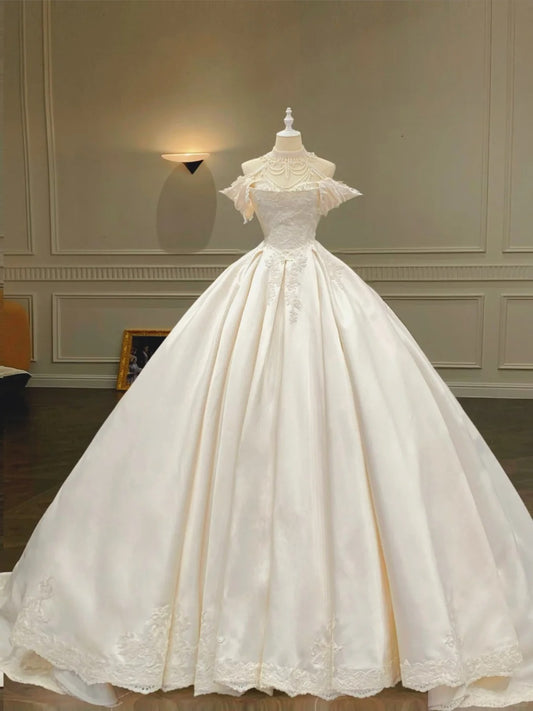 Girlhomeshops--✨Robe de mariée blanche vintage en satin et dentelle, haut tube perlé exquis, beauté de la cour, élégance et sensualité gh5441