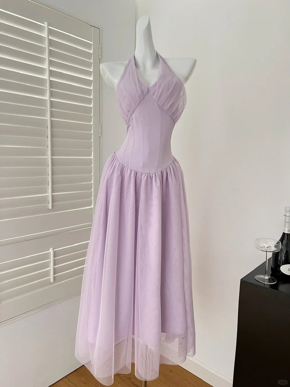 Robe longue violette à col en V et dos nu Taro gh4564