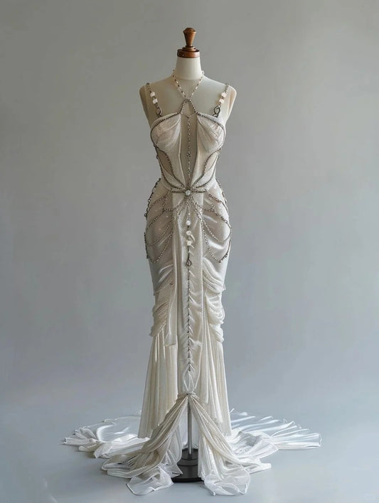 Robe de soirée longue en satin et mousseline de soie, élégante, blanche ivoire, gh4693
